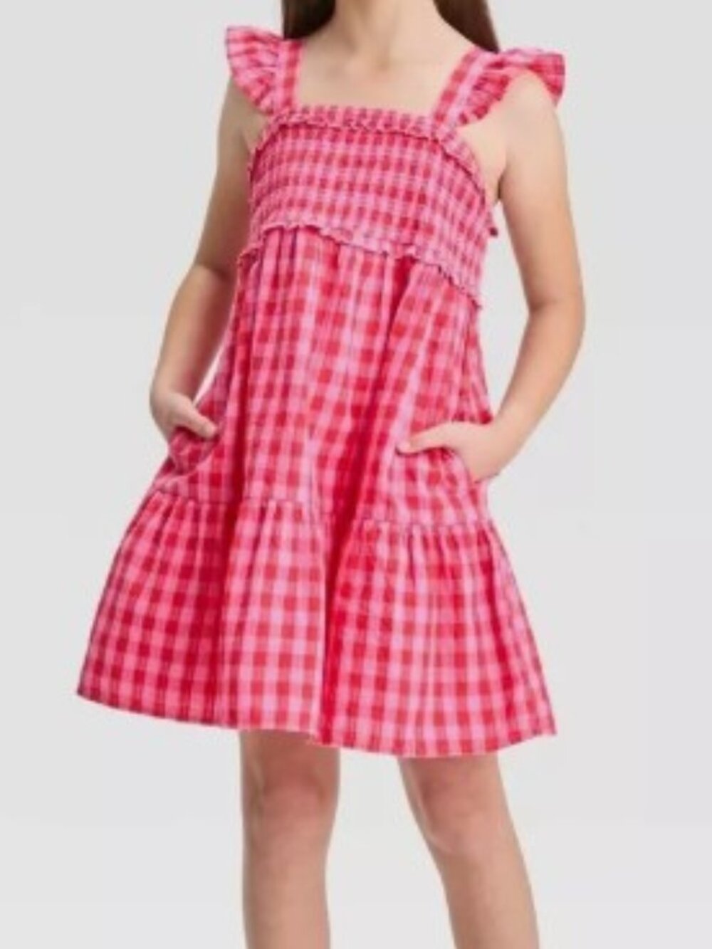 Girls Size Large 10/12 Flutter Sleeve Woven Dress - Cat & Jack Bright Pink Check